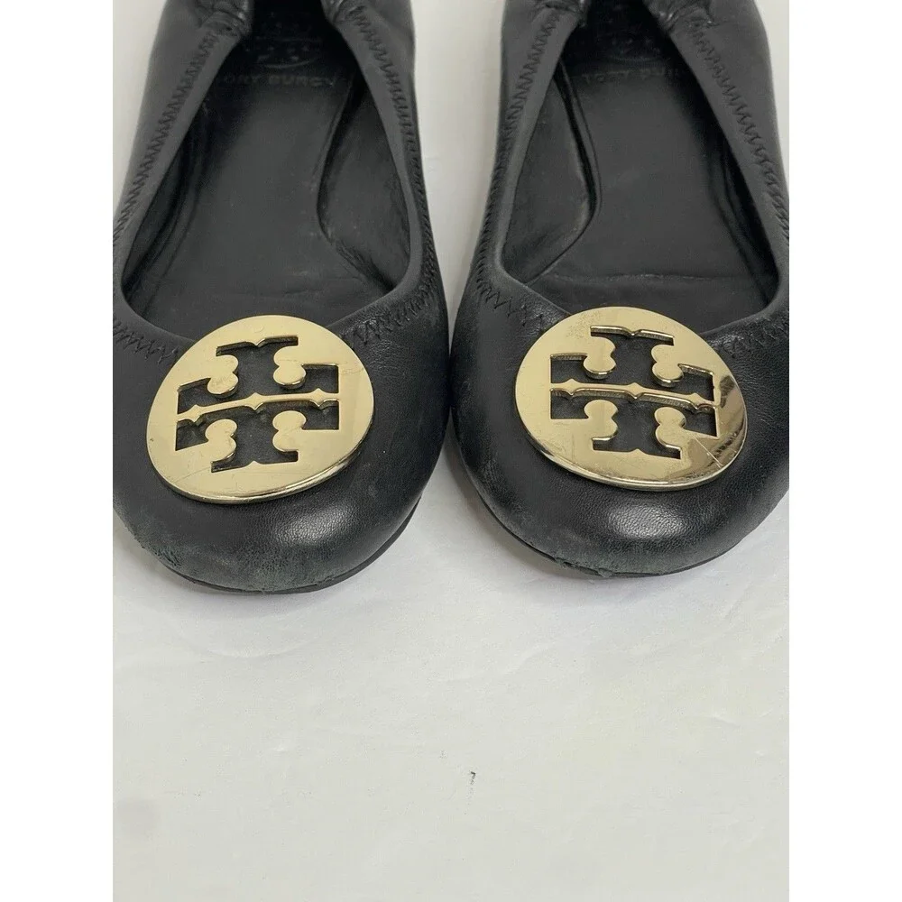 tory burch womens 6 black ballet flats Leather Gold Emblem Logo